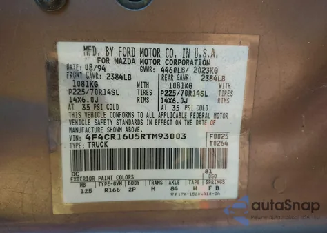 1994 Mazda B3000 Cab Plus z USA, uszkodzony, nr VIN 4F4CR16U5RTM93003